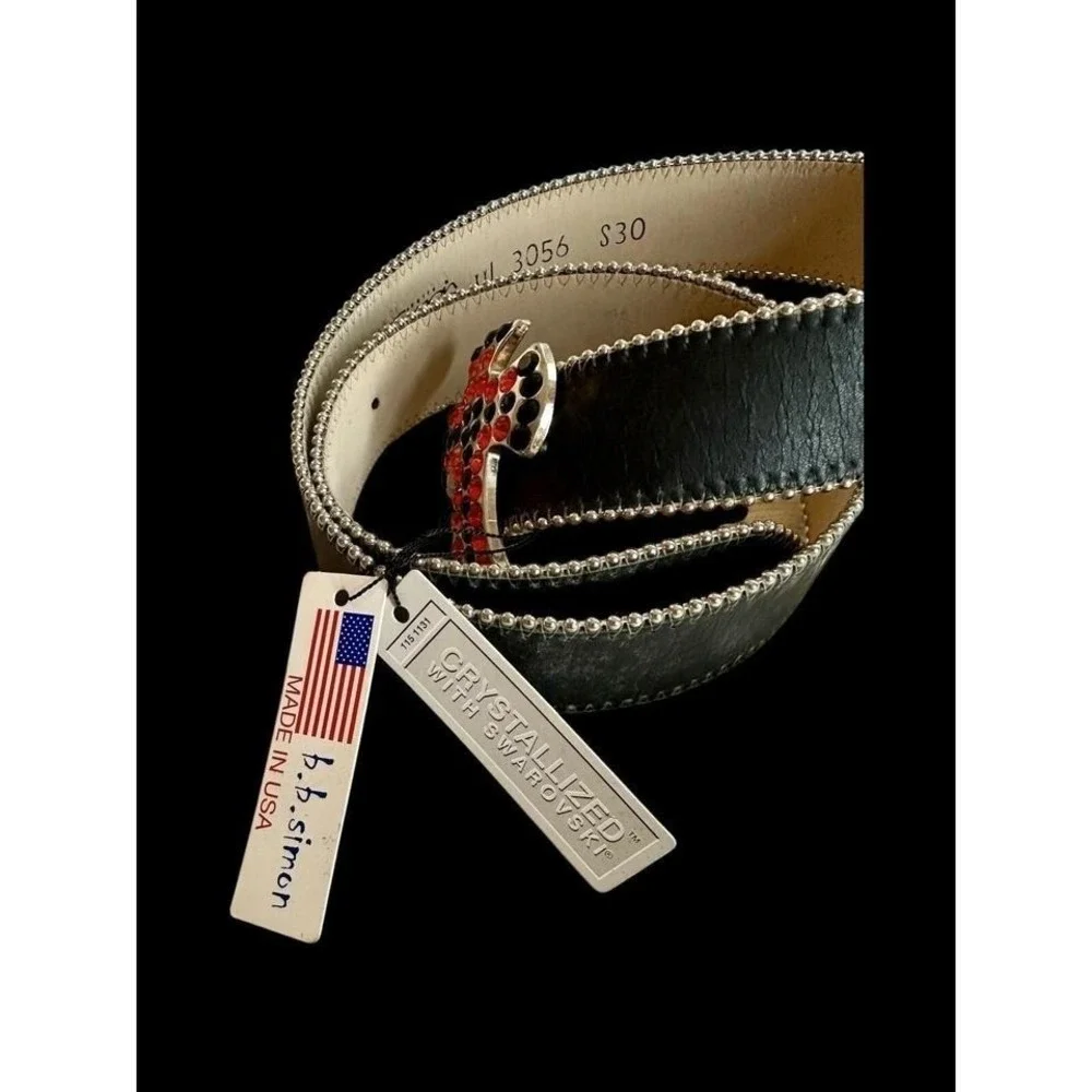 BB SIMON Y2K Vintage‎ Belt Large Black Leather Orange Crystal Cross 90's Rare